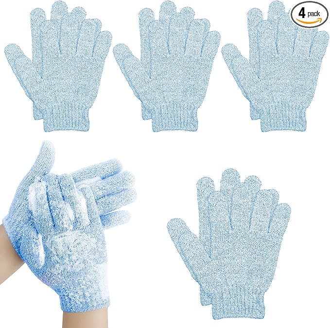 4 Pairs Bath Gloves, Exfoliating Body Scrub Mitts for Shower, Spa, Massage & Women's Bath Accessories (Blue, S)