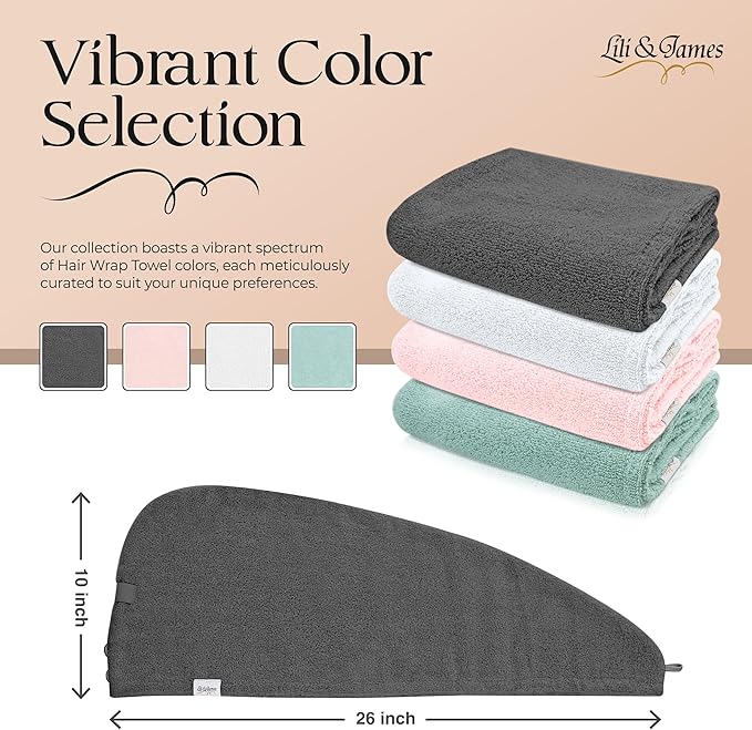 Lili&James Cotton Hair Towel Wrap for Women/Kids | Quick Dry, Soft & Absorbent 420 GSM Hair Wrap Towels with Double Button | Anti Frizz, Non Microfiber Hair Turbans for Curly, Long Hair (Grey)