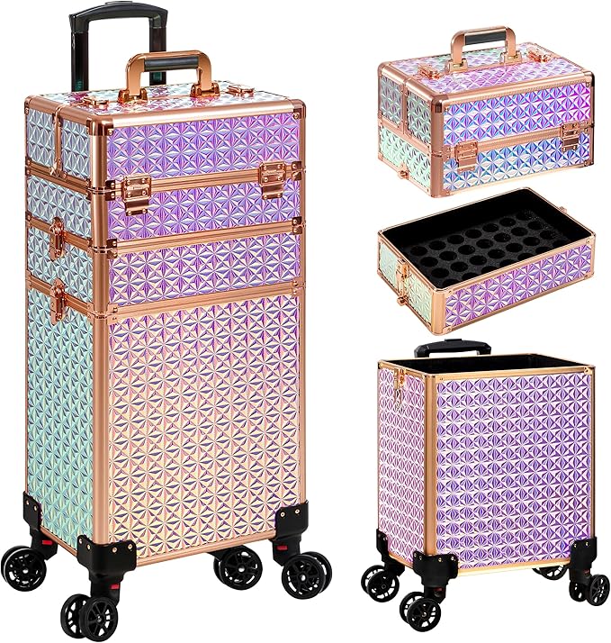 3 in 1 Rolling Makeup Train Case Professional Large Cosmetic Trolley Cosmetology Case on Wheels Traveling Cart Trunk for Hairstylist Artist Nail Beauty Salon Barber, Colorful