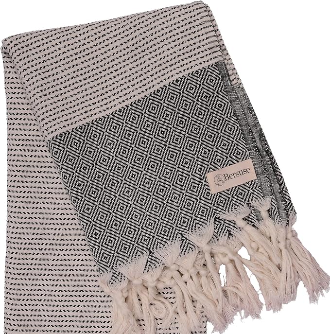 Bersuse 100% Cotton Hierapolis XL Throw Blanket for Couch - 100% Cotton Lightweight Durable Throw Blanket, Big Blanket for Sensitive Skin, Decorative and Versatile - 60x95 Inches, Black