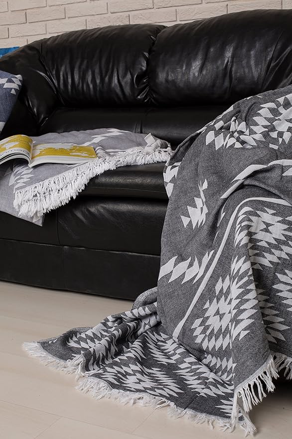Bersuse 100% Cotton Teotihuacan XL Throw Blanket Turkish Towel Beach Blanket - Beach Camping Essentials - 75x90 Inches, Black