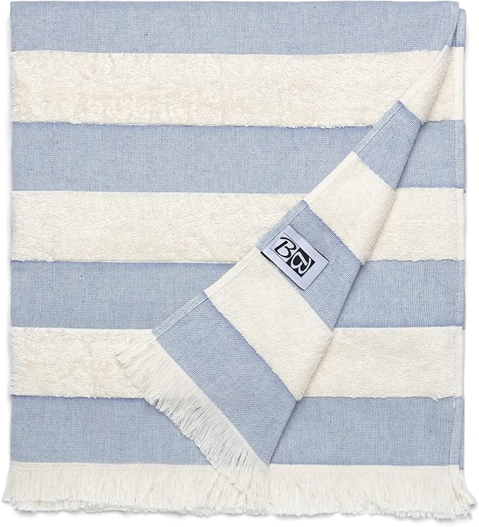 Lightweight Turkish Beach Towel - 100% BCI Cotton, Unbleached Raw Fringe, Oeko-TEX Certified, Absorbent, Eco-Friendly, 36x66”, Sky Blue & Natural Stripes, Portable Sarong Blanket for Pool, Travel