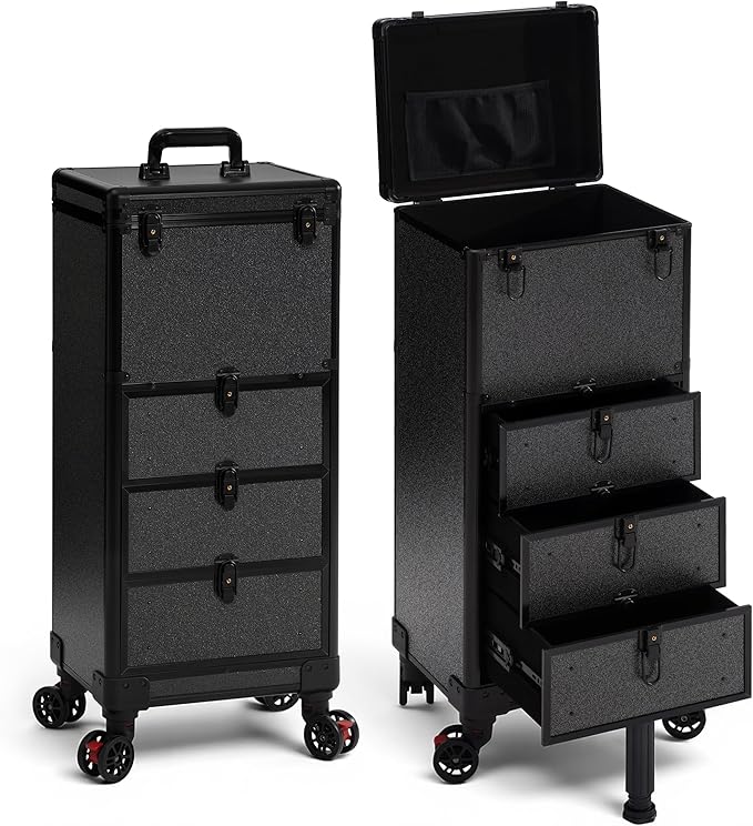 Rolling Makeup Train Case with 3 Drawers, Nail Trolley Cart Salon Station Cosmetology Case on Wheels Organizer Cases for Nail Tech,SPA,Face Painting,Hairstylist,Makeup Artist (Black)