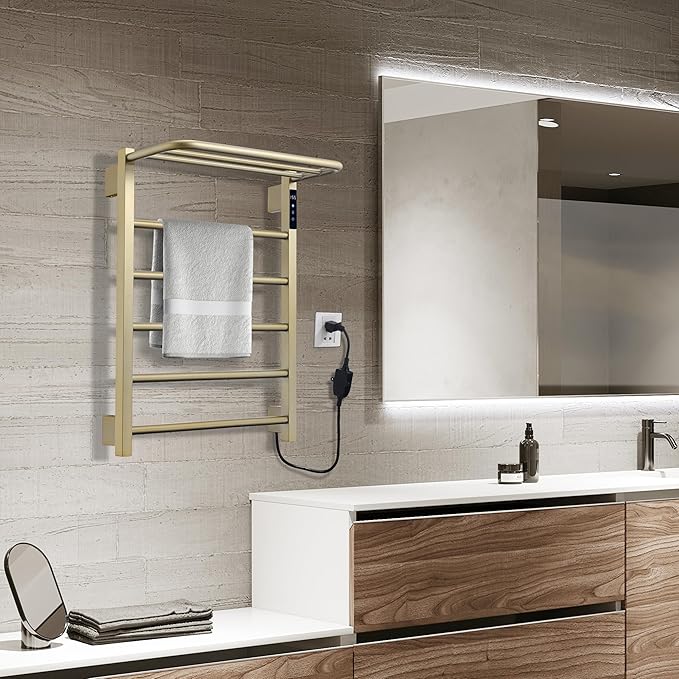Heated Towel Racks for Bathroom, Hot Towel Warmer with 24hr Timer Stainless Steel Wall Mounted Electric Towel Warmers for Bathroom (Gold, 5-Bar)