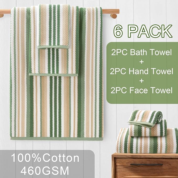 Sage Green Striped Towels Set- 100% Cotton, Quick Dry, Soft & Absorbent, 6PC Luxury Towels Set (2 Bath 28"x52", 2 Hand 16"x27", 2 Wash Cloth 13"x13"), Stripe Shower Towel with Hanging Loop