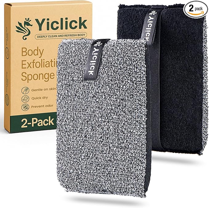 Yiclick Exfoliating Body Scrubber (2 Pack), Body Exfoliator Scrubber, Exfoliating Sponge for Shower Bath, Shower Loofah Luffa Lufa with Handle for Men Women, Dead Skin Exfoliator for Body Scrub