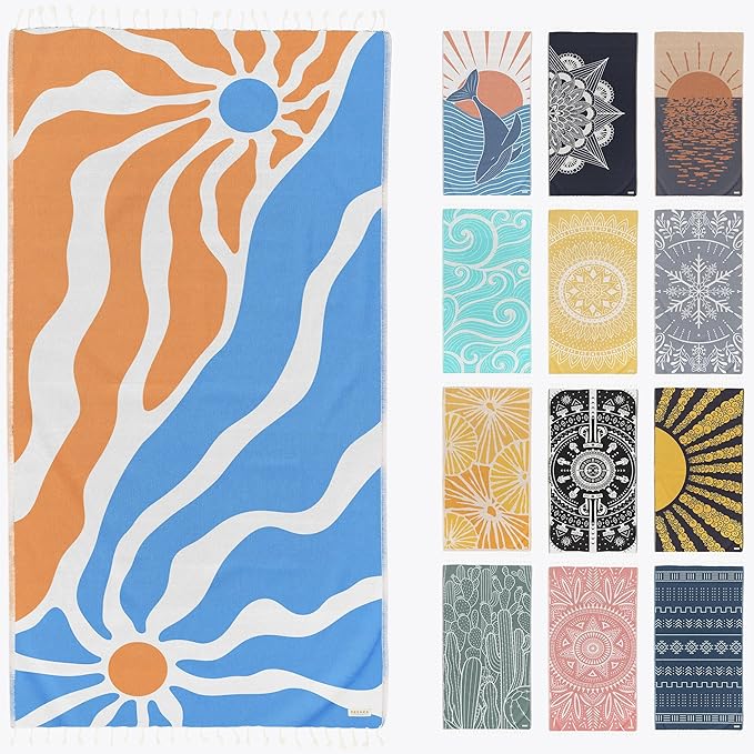 FESHKA Sand Free Turkish Beach Towel (37 x 67) Quick Dry Bath Towel, Oversized Beach Blanket, Lightweight for Travel - Made with 100% Organic Turkish Cotton - Synergy (Blue/Orange)