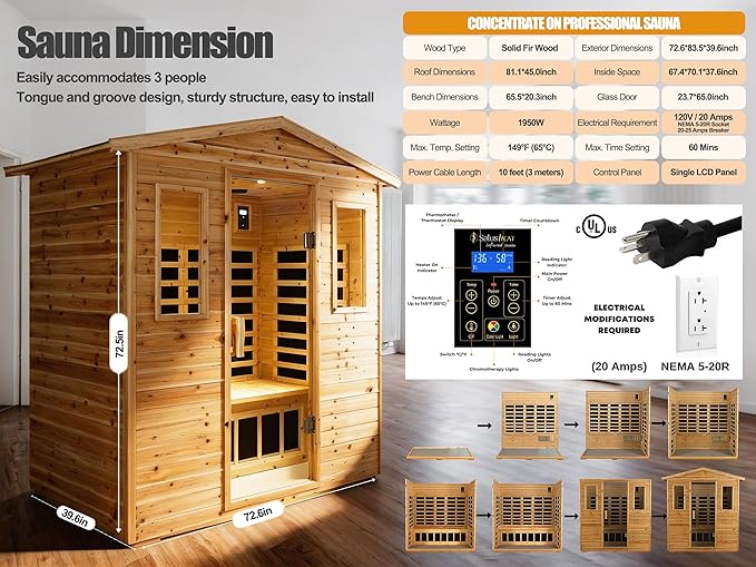 Full Spectrum Sauna, Outdoor Sauna 3 Person Infrared Sauna, Infrared Saunas for Home, 1950W 20A Low EMF Far Infrared Sauna Old Fir Wooden Sauna with Red Light Therapy, Reclining Seats