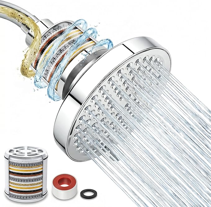 Filtered Shower Head for Hard Water - 25-Stage Shower Filter Nurtures Skin & Hair, Reduces Chlorine & Heavy Metals, 7 High Pressure Showerhead Rain Spray Modes, Easy to Install, Chrome