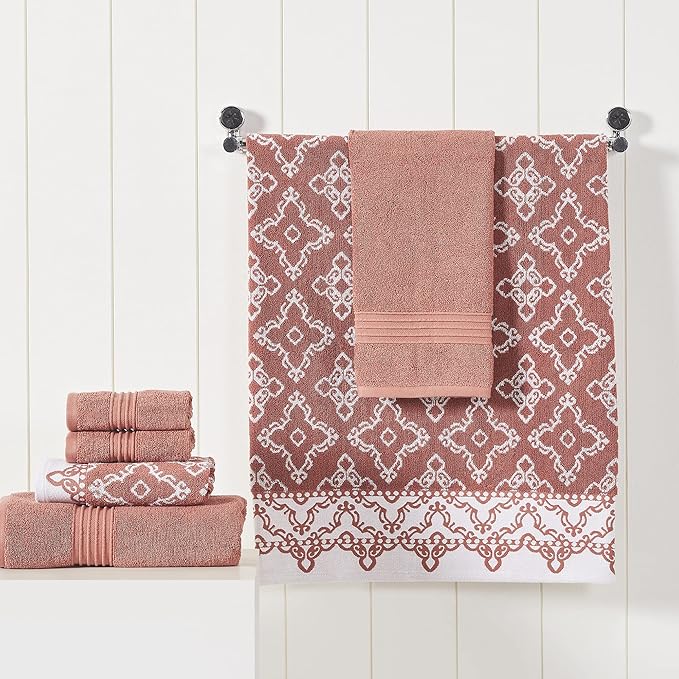 Modern Threads Charlize 6-Piece 100% Cotton Towel Set – Reversible Yarn Dyed Jacquard & Solid – Includes 2 Bath Towels, 2 Hand Towels, 2 Washcloths – Absorbent, Quick Dry, Soft & Durable – Clay