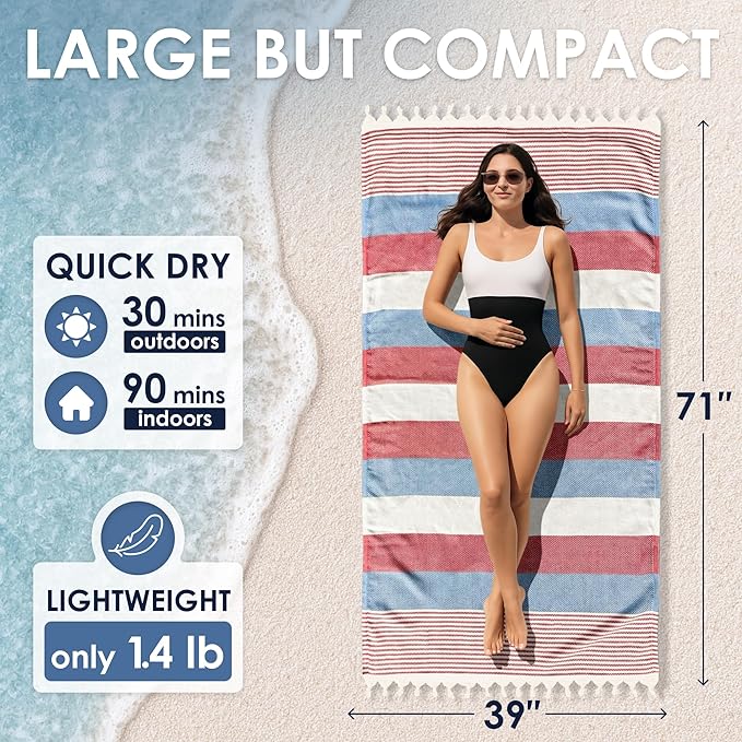 ATANI Turkish Beach Towel (71x39 Inches), Converts to a Bag, Oversized 100% Cotton Bath Towels Lightweight Quick-Dry Beach Blanket for Travel, Picnic, Camping, Yoga and Pool (Red x Navy Blue)