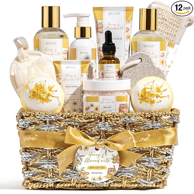Mothers Day Birthday Gifts for Women, Honey & Almond Milk Relaxing Spa Gift Baskets for Women Self Care Package Bath Gift Set, Home Bath and Body Kit Pamper Gifts for Womens Her Mom Friends Sister