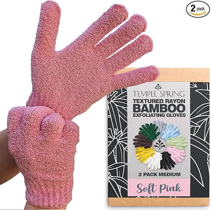Temple Spring Shower Gloves Exfoliating for Women – Natural Textured Rayon Bamboo Exfoliating Glove with Thicker Weave for Deep Cleansing, Dead Skin Removal & Smooth Radiant Skin (1 Pair, Pink)