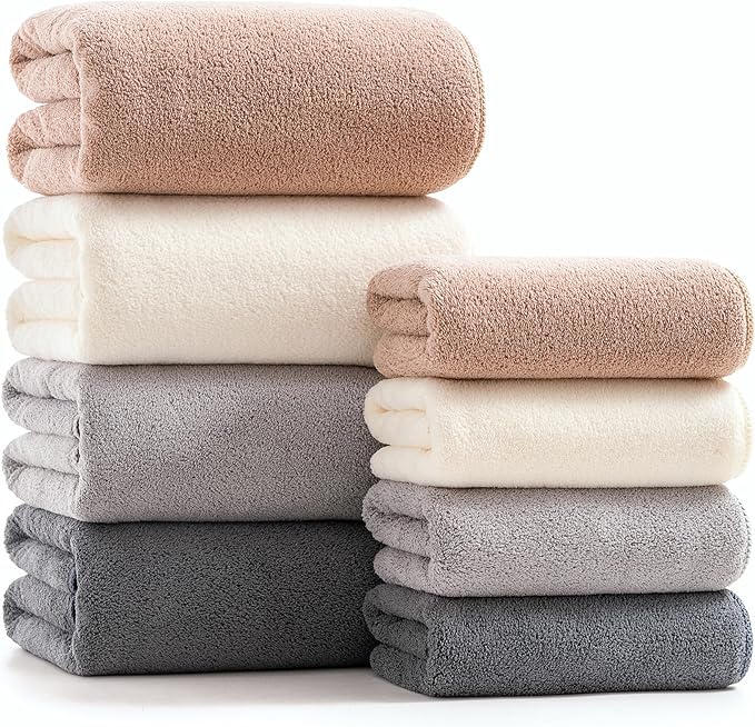 sakano Family Sized 8 Piece Towel Bundle, 4 Bath Towels and 4 Hand Towels, Mixed Color, Ultra Absorbent Soft, Fade-Resistant Lint-Free, Great for Daily Use and Spa - Khaki+White+Light Grey+Dark Grey