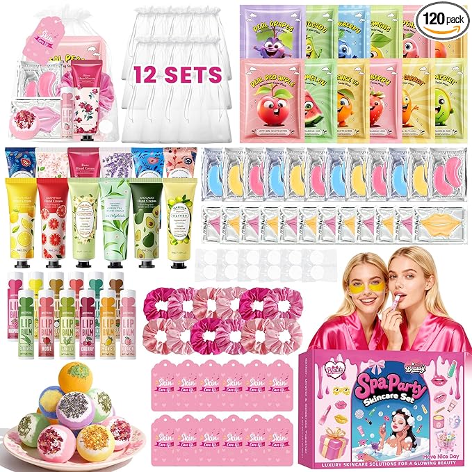 Spa Party Supplies for Women, 12 PCS Spa Party Favors Include Face Masks Skincare, Hand Cream, Lip Balm, Under Eye Patches, Lip Mask and Foot Bath Bombs for Birthday Sleepover Party