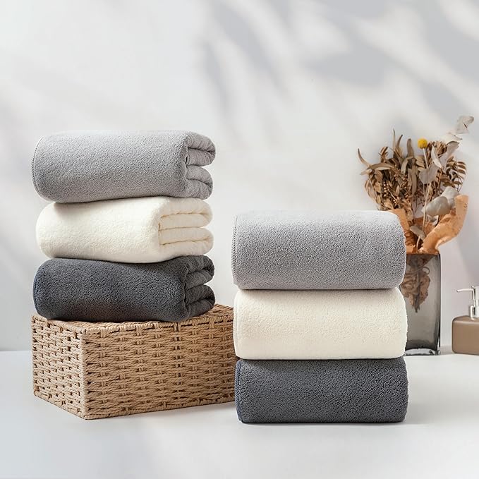 sakano 6-Piece Colorful Microfiber Bath Towel Set - Fast-Drying, Super Absorbent & Non Shedding Towels for Family, Gym, Spa and Salon -White+Light Gray+Dark Gray, 28x56 Inches