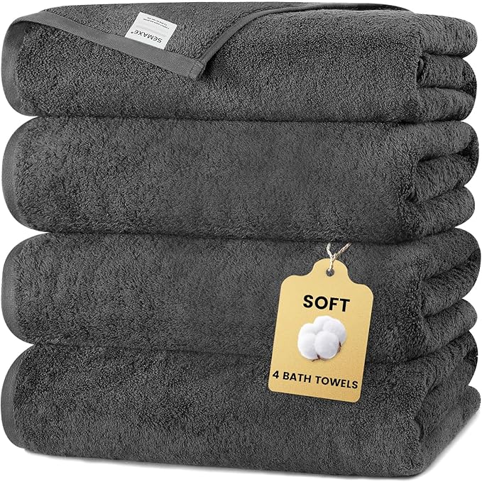 SEMAXE 4 Piece Grey Bath Towel Set for Bathroom, 100% Cotton Bath Towels with Hanging Loop, 55 x 27 Inch, Soft Absorbent & Quick Dry, for Home