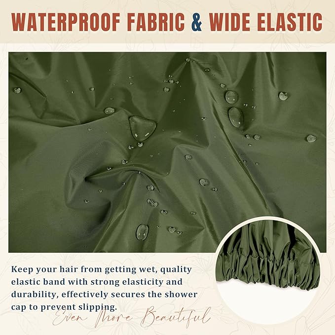 Reusable Shower Cap for Women, Large Waterproof Shower Bonnet with Elastic Band, Washable Bath Hair Cap for Long, Curly Hair, Braids, Daily Shower, Home Spa, Travel(Army Green)
