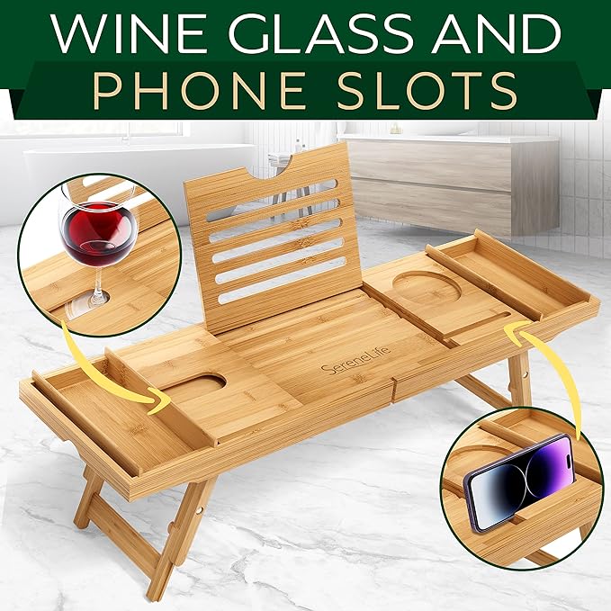 SereneLife Bath Caddy Breakfast Tray Combo - Natural Bamboo Wood Waterproof Tub and Bed with Folding Slide-Out Arms, Device Grooves, Wine Glass Soap Holder