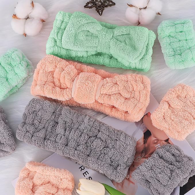 DiyJibb 9 Pcs Spa Headband for Washing Face,Skincare Headband and Wristband Set,Women Teen Girls Facial Hairbands for Washing Face, Makeup, Sports, Yoga (orange-pink + green + dark grey)