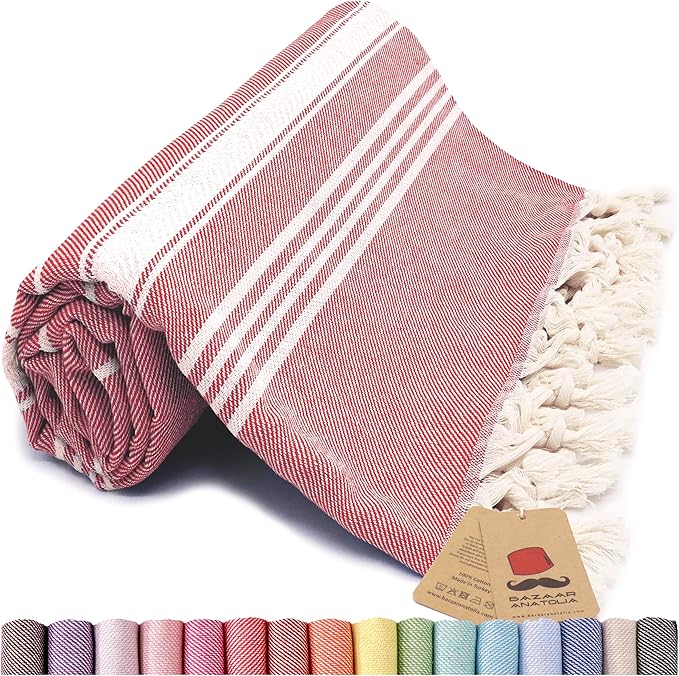 Bazaar Anatolia Turkish Beach Towel – 100% Cotton, Quick Dry, Sand Free Towel for Bathroom, Travel, Camping – Oversized 71x39 Inches – Stripe Red
