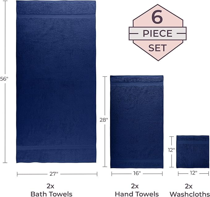 Lavish Home 6 Piece Towel Set - 550 GSM 100% Cotton Bathroom Accessories - 2 Bath Sheets, 2 Hand Towels, and 2 Wash Cloths - Soft and Absorbent Bathroom Set for Shower, Gym, Dorm, and Spa (Navy)