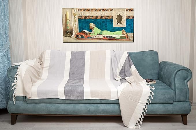 Bersuse 100% Cotton Aspendos XL Throw Blanket for Couch - 100% Cotton Lightweight Durable Throw Blanket, Big Blanket for Sensitive Skin, Decorative and Versatile - 60x90 Inches, Black-Grey-Beige