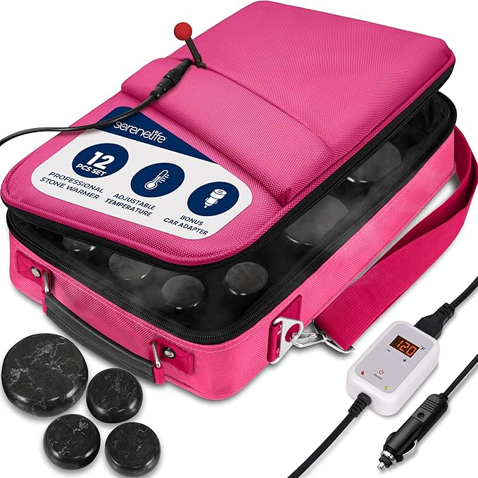 SereneLife Portable Massage Stone Warmer Set - Electric Spa Hot Stones Massager and Heater Kit with 6 Large and 6 Small Round Shaped Basalt Massaging Rocks, Digital Controller Heating Bag, Pink