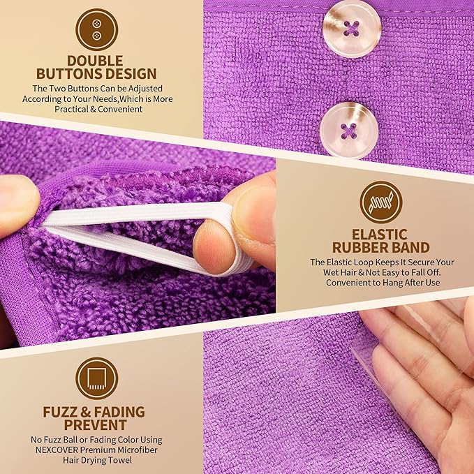 NEXCOVER Hair Towel Microfiber, 2 Pack Grey Purple 9.8 inch X 25.5 inch Hair Wrap,Ultra Absorbent Hair Turbans,Fast Drying Head Towels for Women Wet Hair,Long,Curly,Thick,Frizzy Hair