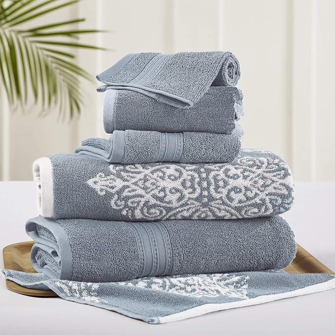 Modern Threads 6 Piece Reversible Yarn Dyed Jacquard Towel Set Artesia Damask Sterling Blue
