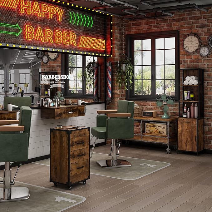 RESHABLE Industrial Salon Station with 3-Tier Storage Shelf, Cabinets and Storage for Hair Stylist, Beauty Spa Equipment, Rustic Brown