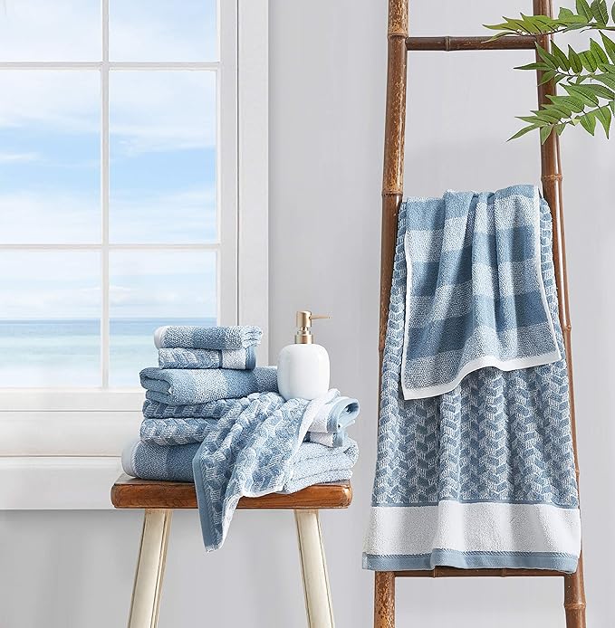 Nautica - Bath Towel Set, Cotton Bath, Hand & Washcloths, Plush, Absorbent & Quick-Dry, Striped Americana Decor, Set of 6, Oak Lake Blue