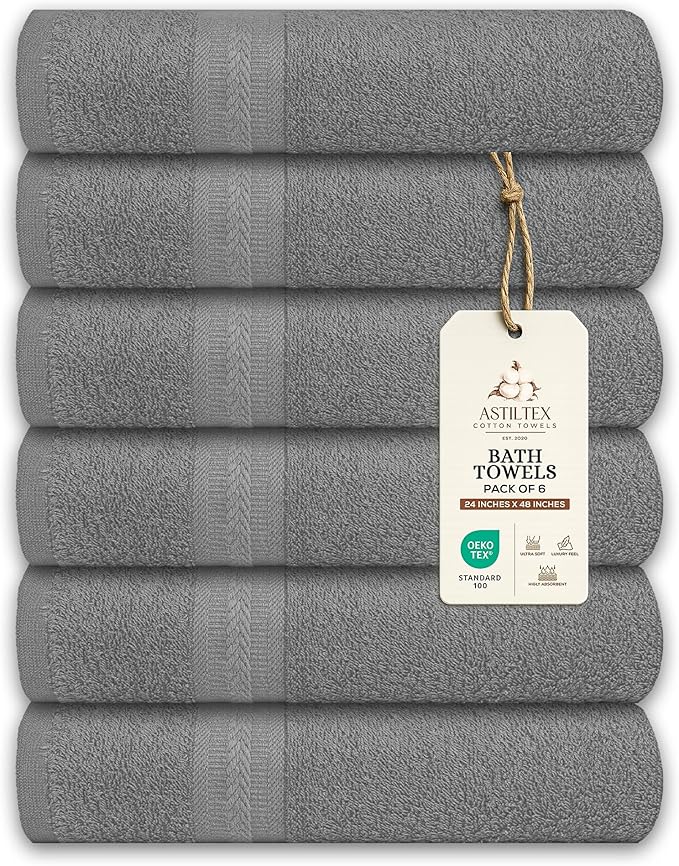 Medium Bath Towels Pack of 6 – 24x48 Inches – Soft, Quick Dry & Highly Absorbent – 100% Cotton Towels for Bathroom, Spa, Gym & Hotel – Light Grey