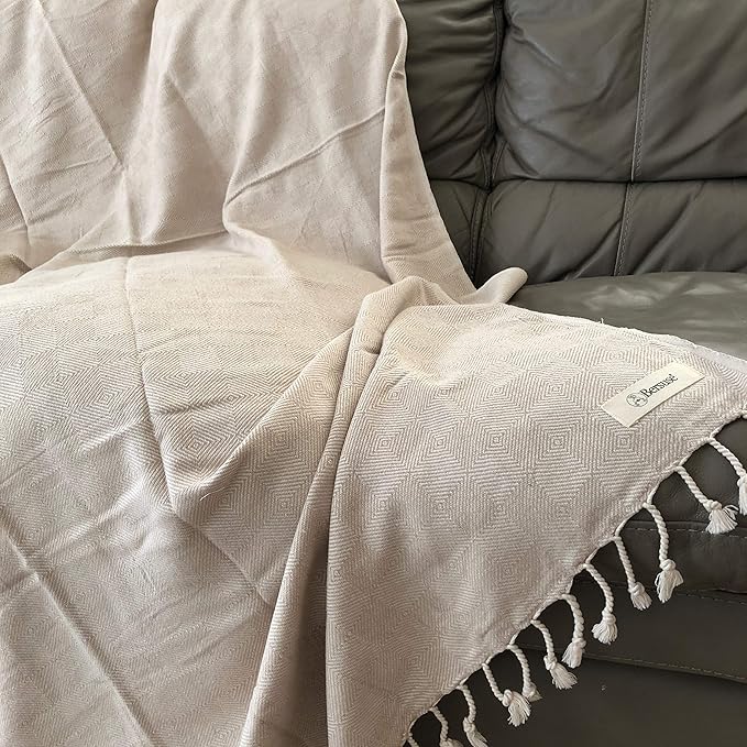 Bersuse 100% Cotton Milas XL Throw Blanket for Couch - 100% Cotton Lightweight Durable Throw Blanket, Big Blanket for Sensitive Skin, Decorative and Versatile - 60x90 Inches, Beige