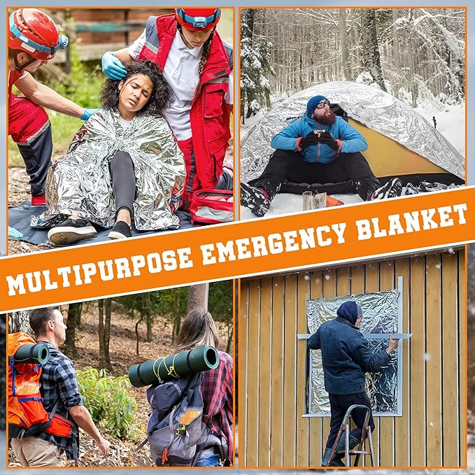 24 Pack Emergency Blankets - Mylar Thermal Space Blankets for Survival and Protection - Ideal for Camping, Outdoors, Hiking, Rescue, Marathons