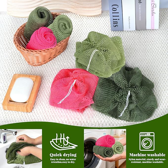 African Net Sponge Authentic, 3 Pieces Exfoliating Scrubber Bath Sponge for All Skin Types, Back Scrubber Loofah Washcloth for Shower, Gentle Exfoliation (Dark Green,Light Green,Pink)