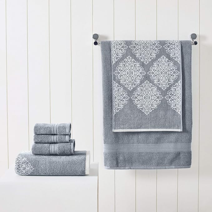 Modern Threads 6 Piece Reversible Yarn Dyed Jacquard Towel Set Artesia Damask Sterling Blue