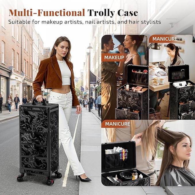 Rolling Makeup Train Case with 3 Drawers, Nail Trolley Cart Salon Station Cosmetology Case on Wheels Organizer Cases for Nail Tech,SPA,Face Painting,Hairstylist,Makeup Artist (Ink Black)