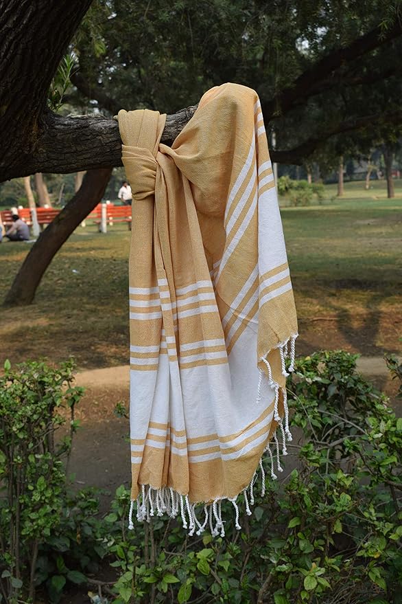 Goroly Home Cotton Turkish Peshtemal Beach Towel, Extra Large, Thin Quick Dry Sand Free Pool & Swim Towel, Bathing Blanket, Travel Essentials, (Mustard, 36x71 Inches)