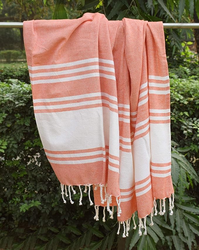 Goroly Home Cotton Turkish Peshtemal Beach Towel, Extra Large, Thin Quick Dry Sand Free Pool & Swim Towel, Bathing Blanket, Travel Essentials, (Orange, 36x71 Inches)