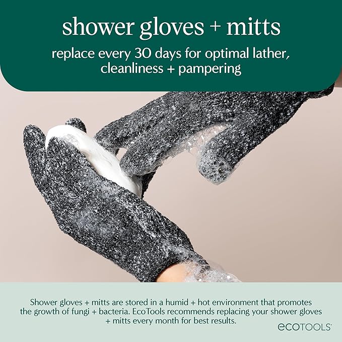 EcoTools Charcoal Bath + Shower Gloves, Exfoliating Gloves Remove Dead Skin & Cleanse Whole Body, Bath Gloves Infused With Charcoal To Scrub & Purify Skin, Cruelty Free, 1 Pair (2 Gloves)