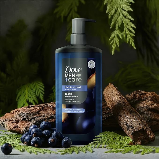 DOVE MEN Moisturizing Body Wash | #1 Dermatologist Body Wash for Men, Sulfate Free, Paraben Free, & Dye Free | Blackcurrant + Cedarwood, 26oz (Pack of 4)
