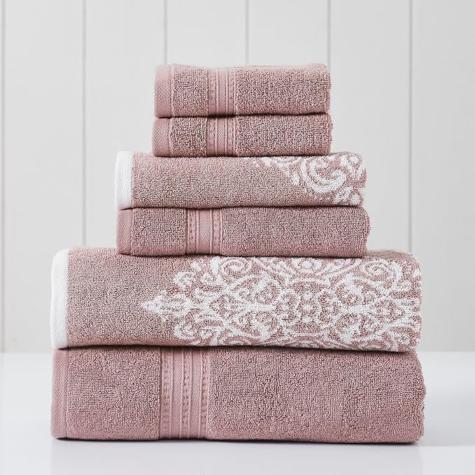 Modern Threads 6 Piece Reversible Yarn Dyed Jacquard Towel Set Artesia Damask Woodrose