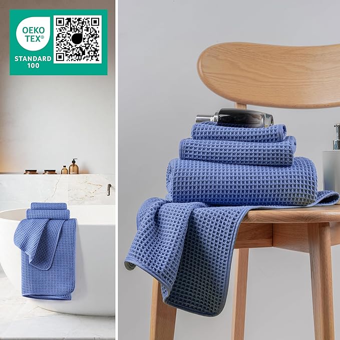 MICROFI New Microfiber Waffle Bath Towels, 3 Pieces, Oversized, Soft, Absorbent, Fast Drying, Lint Free, Includes Bath, Face and Hand Towels 430 GSM (Dark Blue)
