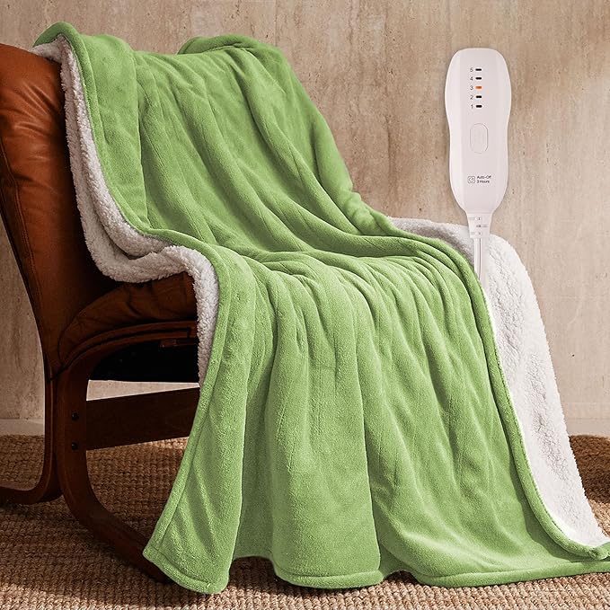 JET'S HOME Heated Blanket 50"x60" - ETL&FCC Certified Flannel Electric Blanket Machine Washable Heating Throw with 5 Heating Levels 3 Hours Auto-Off Overheating Protection Gift for Family(Bud Green)