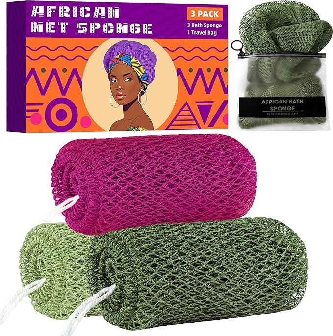 African Net Sponge Authentic, 3 Pieces Exfoliating Scrubber Bath Sponge for All Skin Types, Back Scrubber Loofah Washcloth for Shower, Gentle Exfoliation (Dark Green,Light Green,Rose Red)
