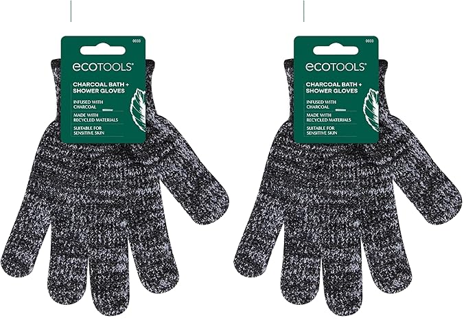 EcoTools Charcoal Bath + Shower Gloves, Exfoliating Gloves Remove Dead Skin & Cleanse Whole Body, Bath Gloves Infused With Charcoal To Scrub & Purify Skin, Cruelty Free, 1 Pair (2 Gloves) (Pack of 2)
