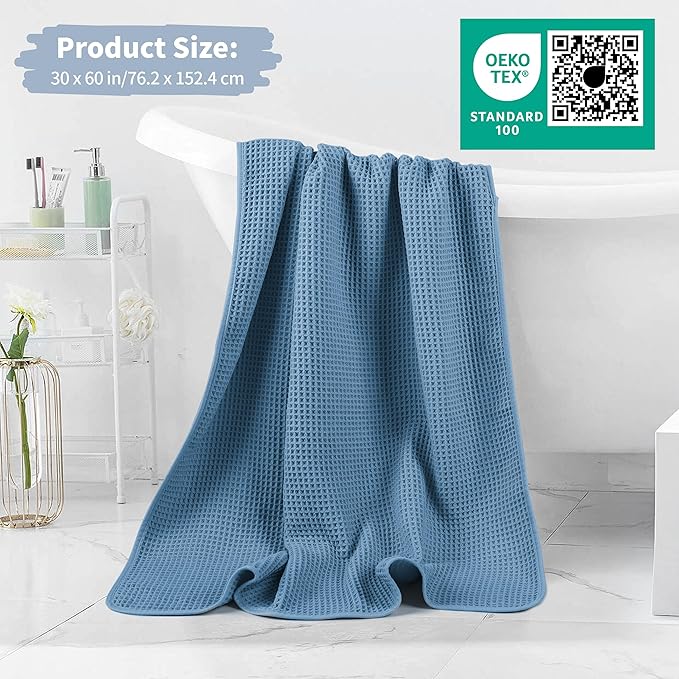 MICROFI New Microfiber Waffle Bath Towels, 2 Pieces, Oversized, Soft, Absorbent, Fast Drying, Lint Free 430 GSM (Blue)