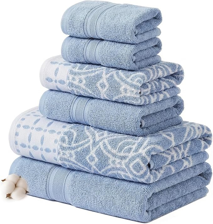 Modern Threads Monroe 6-Piece 100% Cotton Towel Set – Reversible Yarn Dyed Jacquard & Solid – Includes 2 Bath Towels, 2 Hand Towels, 2 Washcloths – Absorbent, Quick Dry, Soft & Durable – Blue