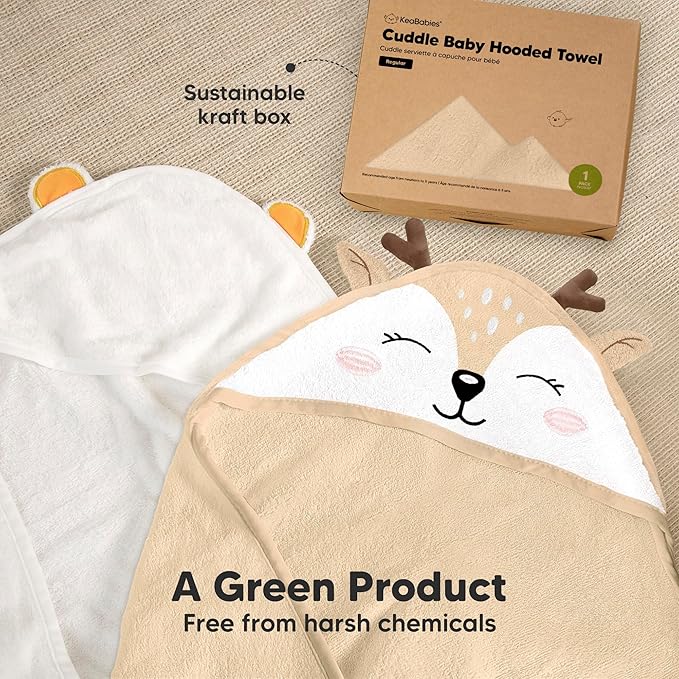 KeaBabies Hooded Baby Towel for Newborn - Viscose Derived from Bamboo Large Baby Bath Towels with Hood for Boys, Girls, Toddler, Extra Absorbent & Soft Newborn Bath Essentials (Deer, Regular)